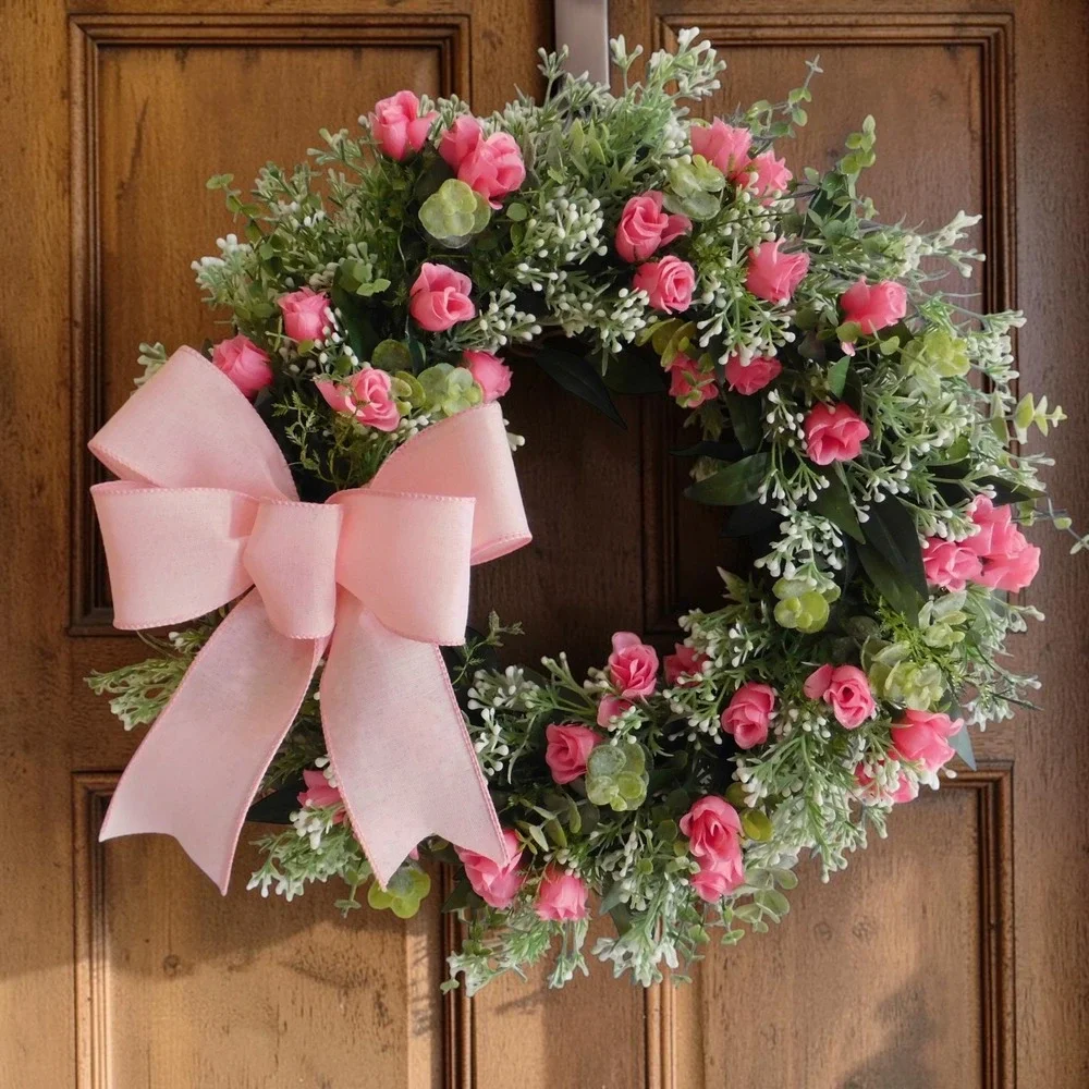 Dusty Miller Rosebud Spring Summer Wreath for Front Door Eucalyptus Pink Roses‎